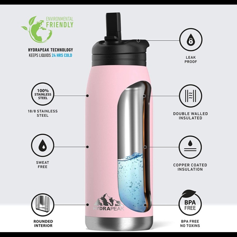Hydrapeak Flow 32oz Insulated Water Bottle with Straw Lid | Double Wall Vacuum .